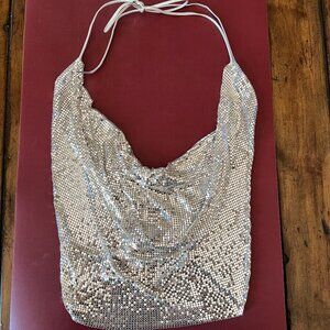 WHITING & DAVIS - Vintage Cowl-Neck Silver Metal Chain Halter Top (S/M)
